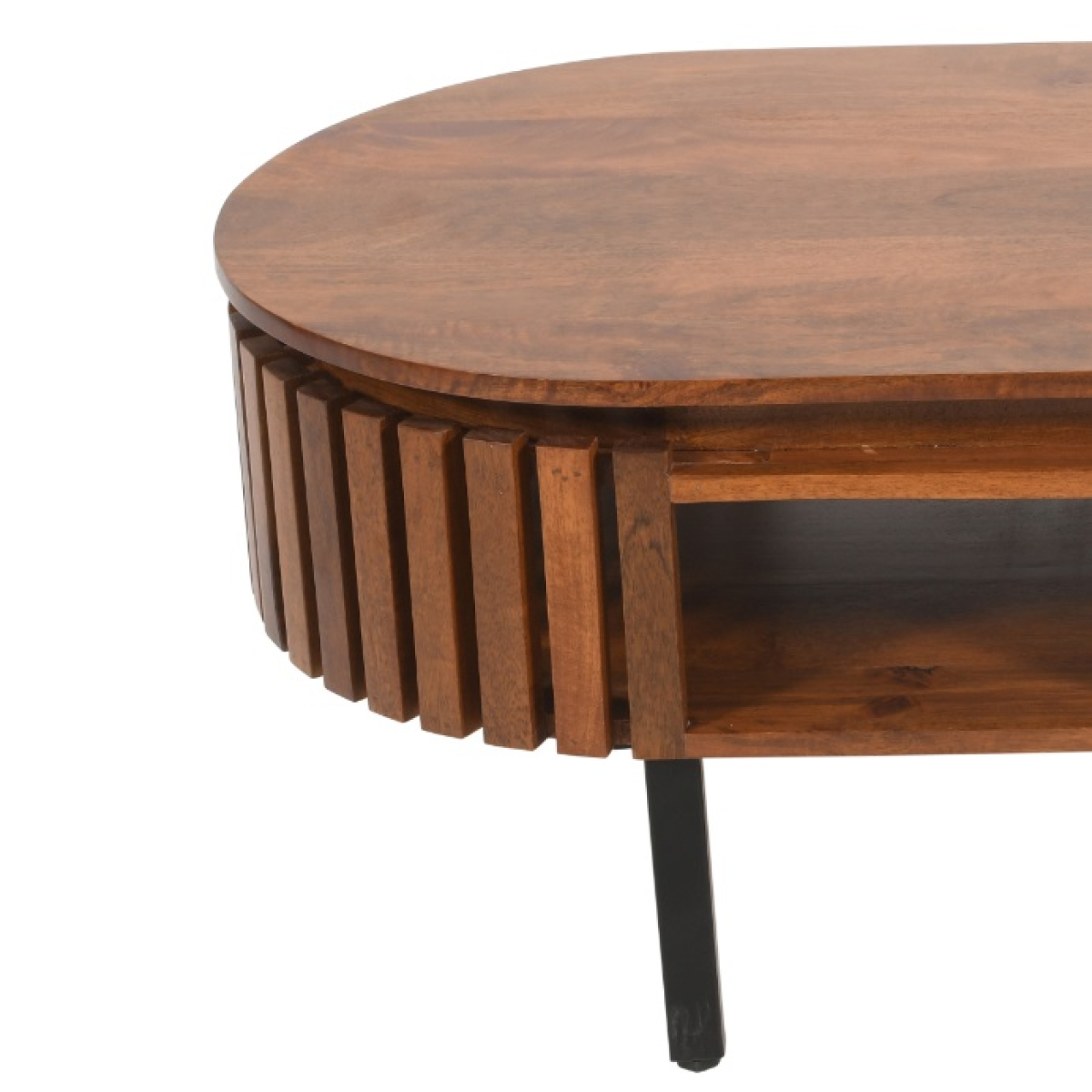 Warm brown slatted mango wood rectangular coffee table with sleek oval top and black metal legs