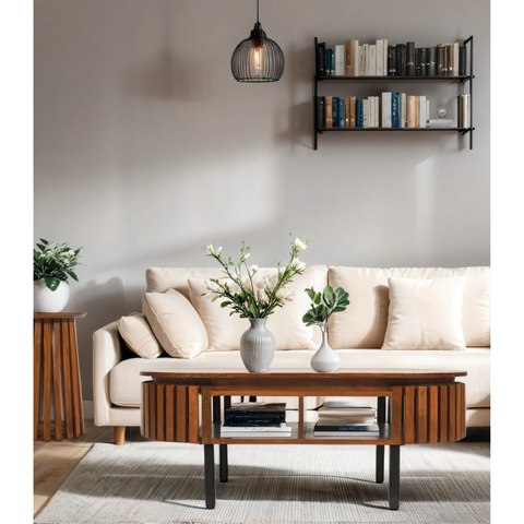 Wooden coffee table with slatted mango wood top and black metal legs perfect for living room use