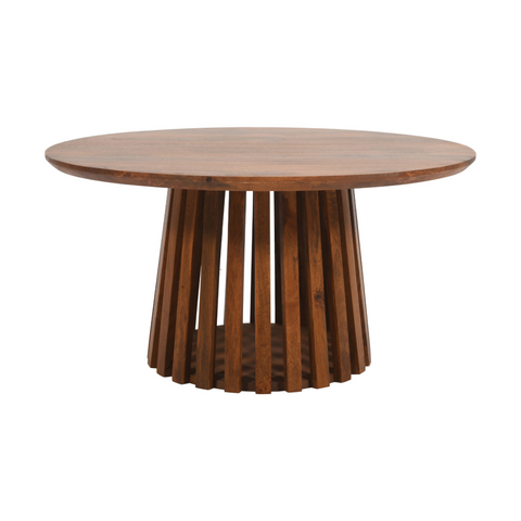 Slatted mango wood round coffee table 80cm with warm-toned finish and vertical slat legs made of mango wood