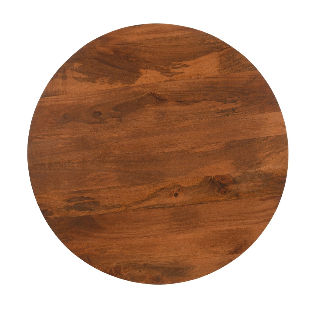 Round wooden table top in warm brown with natural grain patterns made from slatted mango wood for coffee table use