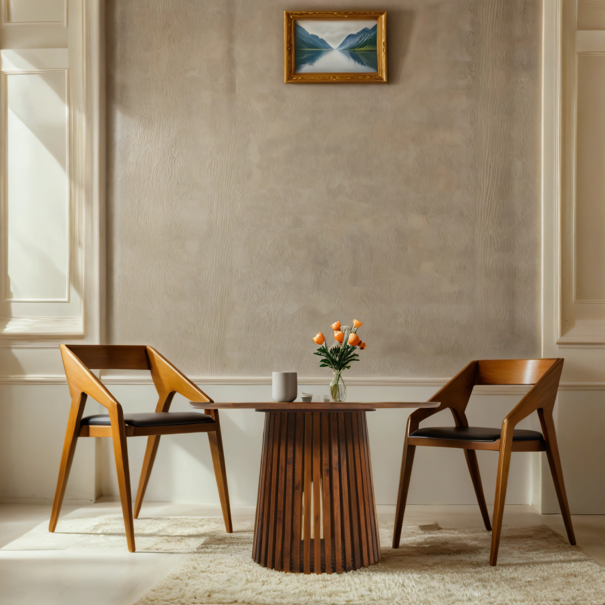 A sleek dark wood slatted mango wood round dining table with vertical slats perfect for 4 to 6 seater setups