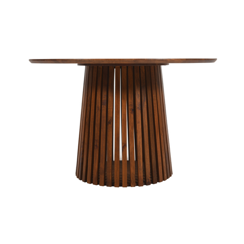 A sleek round dining table with a rich brown finish and slatted mango wood fluted base for 4 to 6 seats