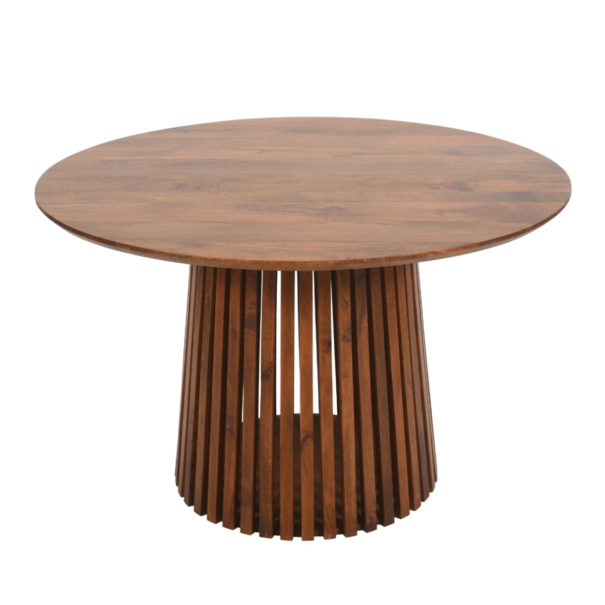 Round wooden dining table with smooth warm brown finish and vertical slat legs made from slatted mango wood