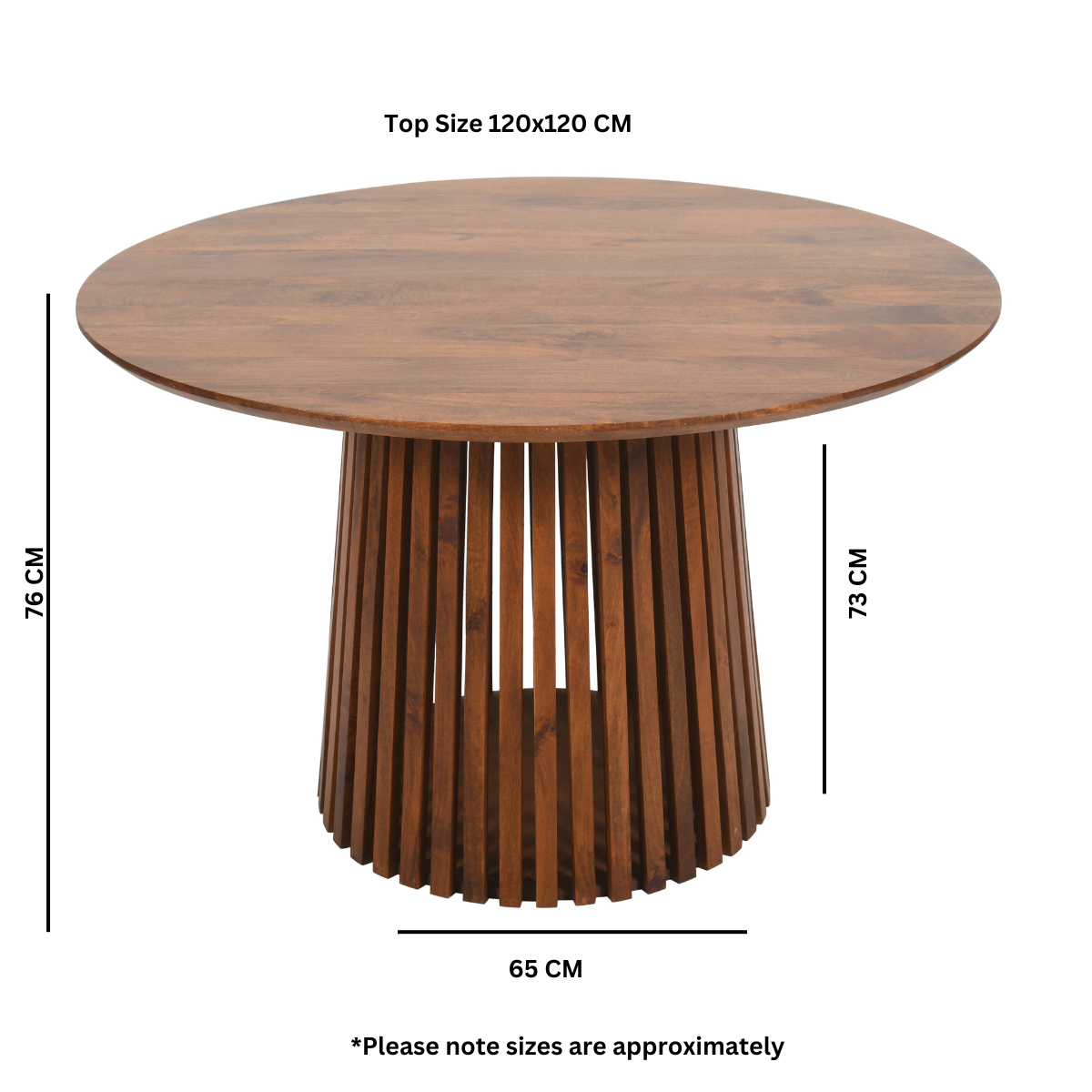 Round wooden dining table with smooth warm finish and vertical slat base in slatted mango wood for 4 to 6 seater
