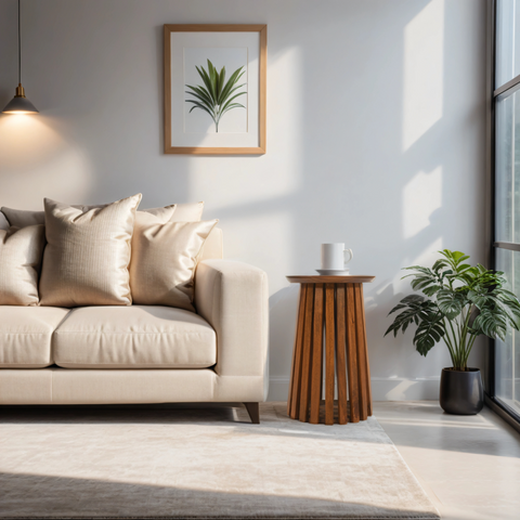Minimalist slatted mango wood side table with vertical slats and warm smooth finish in natural mango wood
