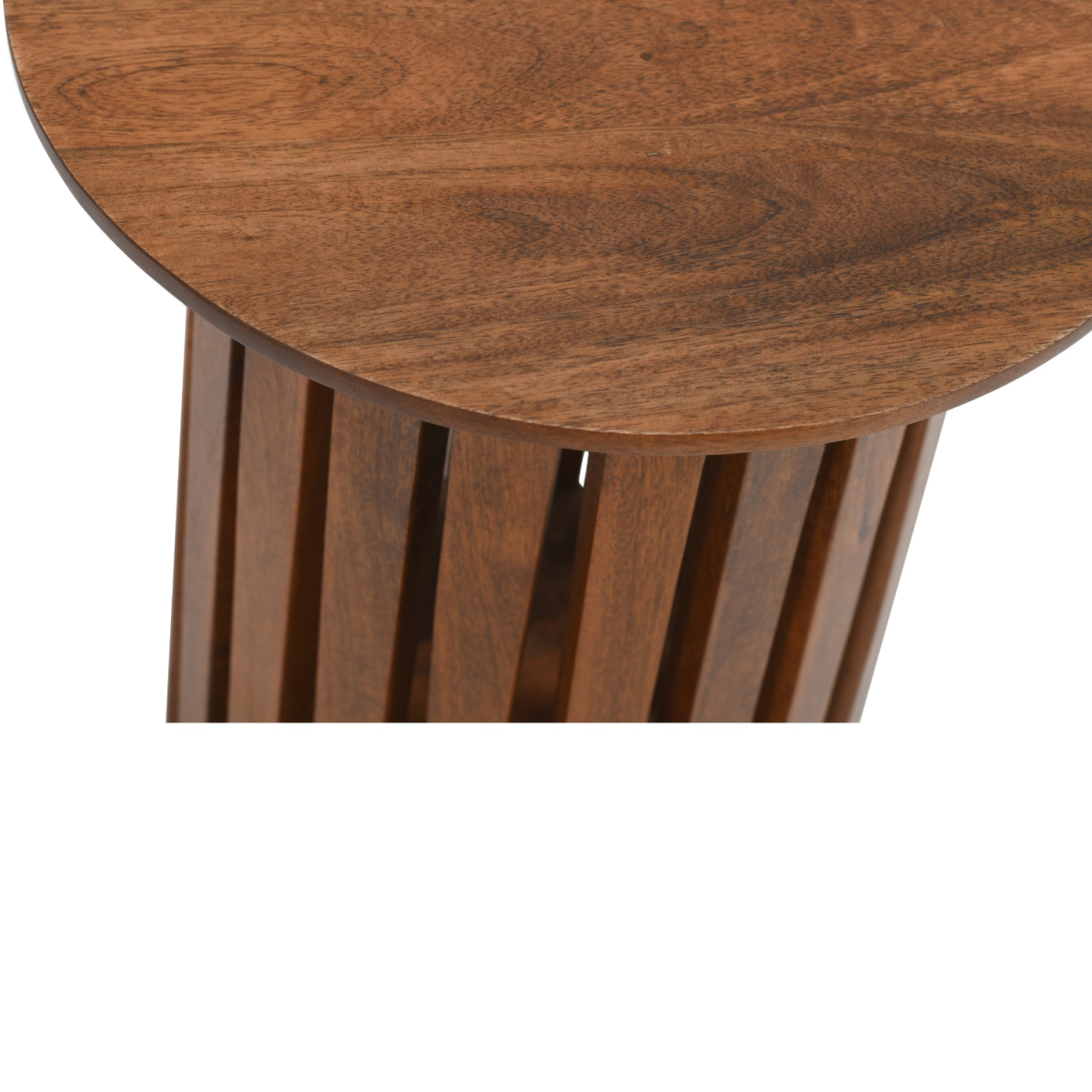A round dark brown slatted mango wood side table with a smooth top and vertical slats base perfect for any room