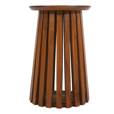 A sleek dark brown slatted mango wood side table with vertical fluted tapered design perfect for any room