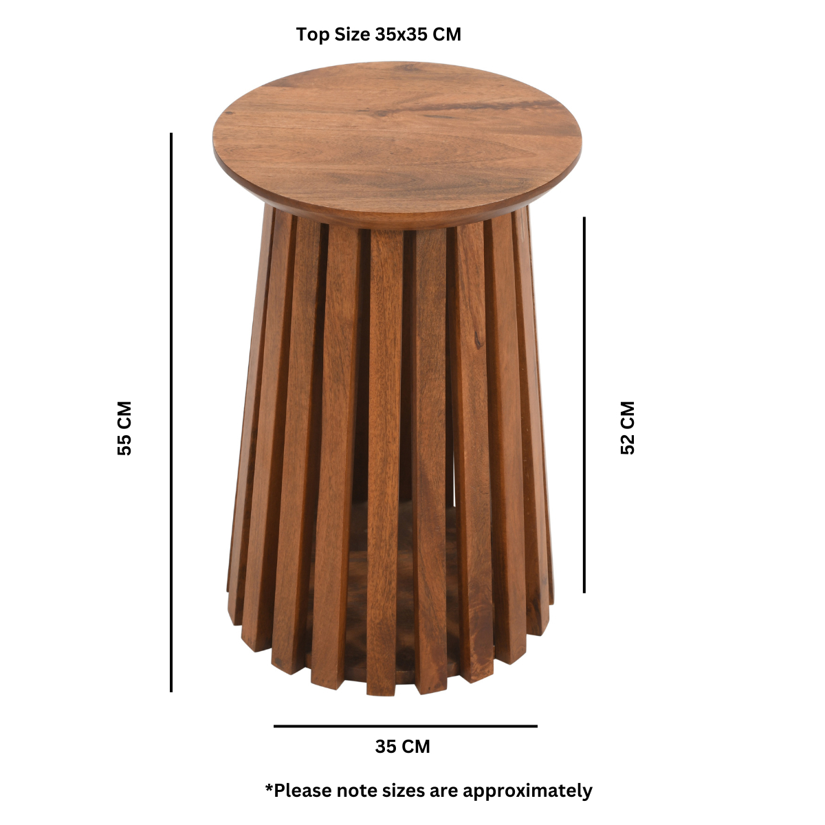 A sleek modern wooden side table with circular top and vertical slatted design made from slatted mango wood