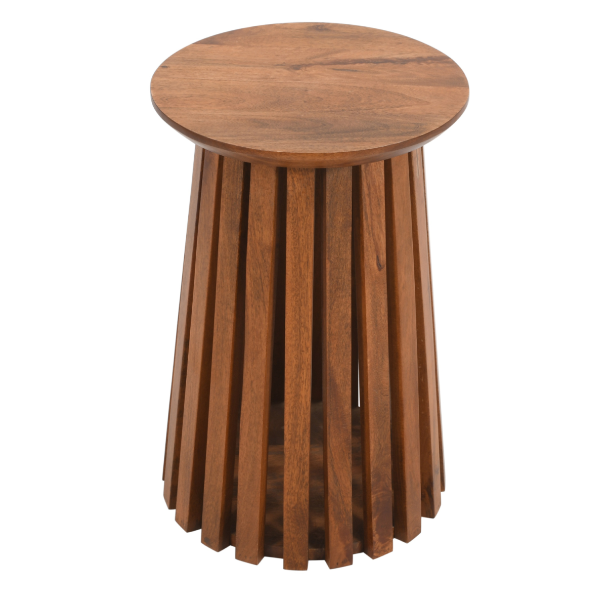 A sleek modern wooden side table with a round top and slatted mango wood vertical slat design