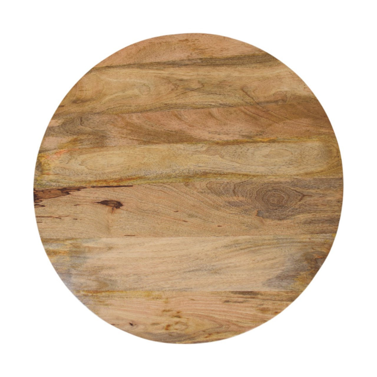 Circular wooden cutting board with natural light brown finish and visible grain on solid mango wood coffee table with bun feet