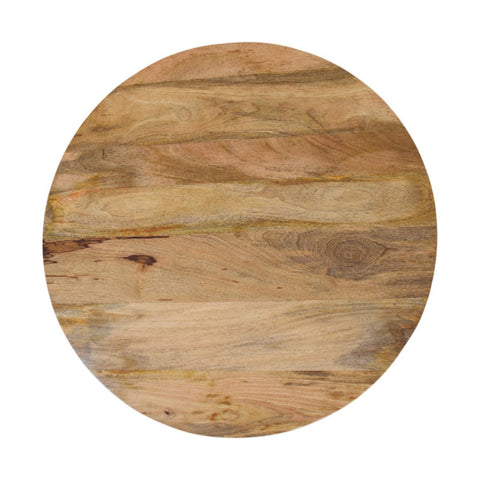 Circular wooden cutting board with natural light brown finish and visible grain on solid mango wood coffee table with bun feet