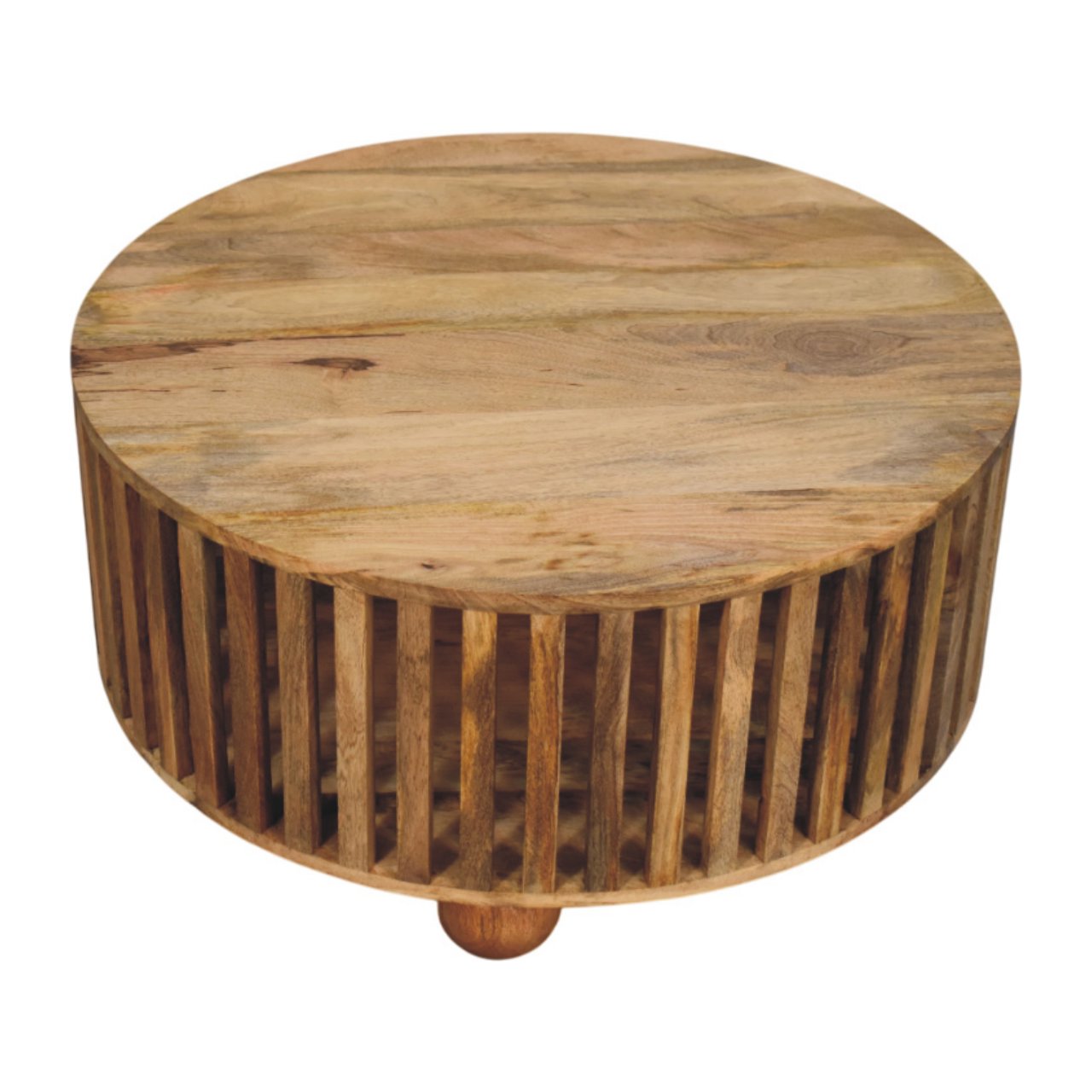 Slatted round oak-ish coffee table with vertical slats and single rounded leg made of solid mango wood