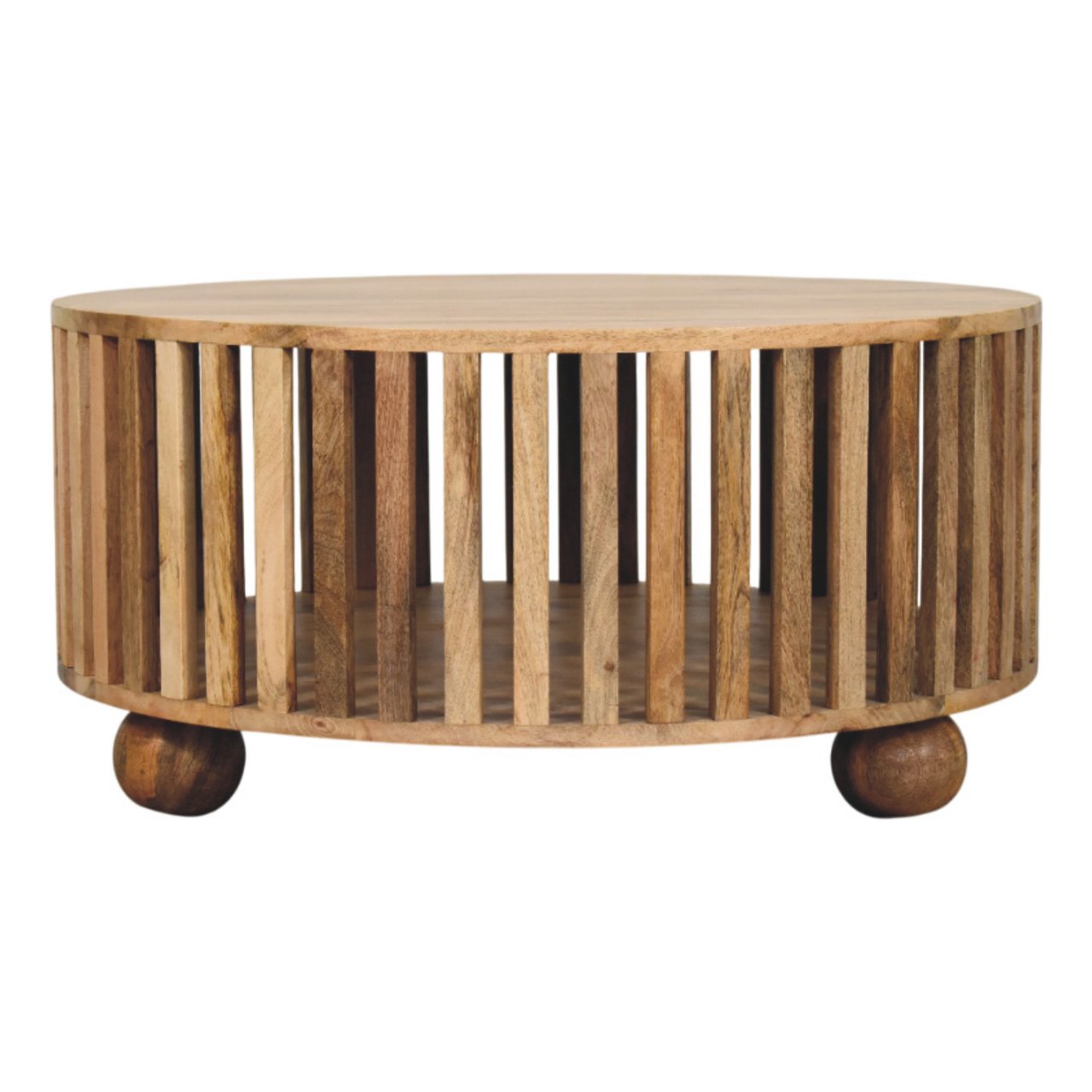 Slatted round oak-ish coffee table with solid mango wood vertical slats and bun wooden feet for living room use