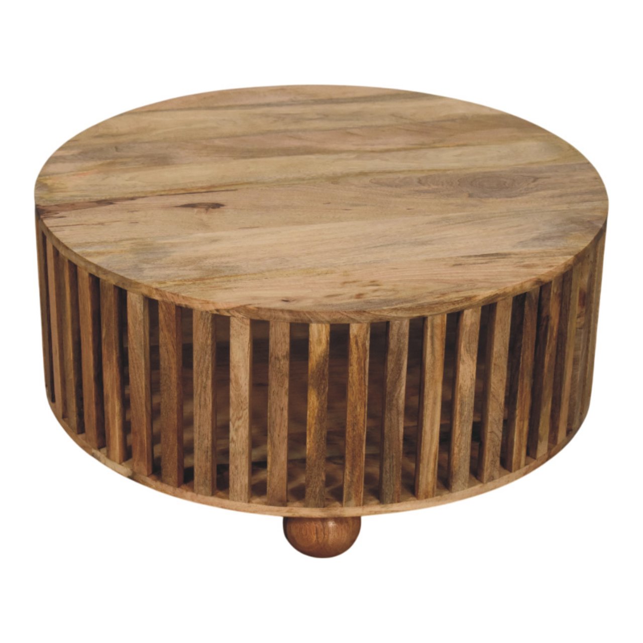 Slatted round oak-ish coffee table with vertical slats and a single rounded bun wooden foot in solid mango wood