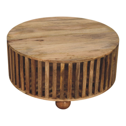 Slatted round oak-ish coffee table with vertical slats and a single rounded bun wooden foot in solid mango wood