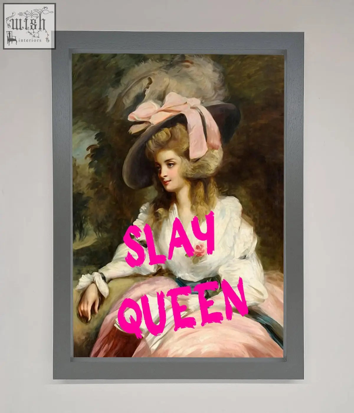 A slay queen framed poster featuring a woman in an ornate historical gown and wide-brimmed hat in a sleek gray frame