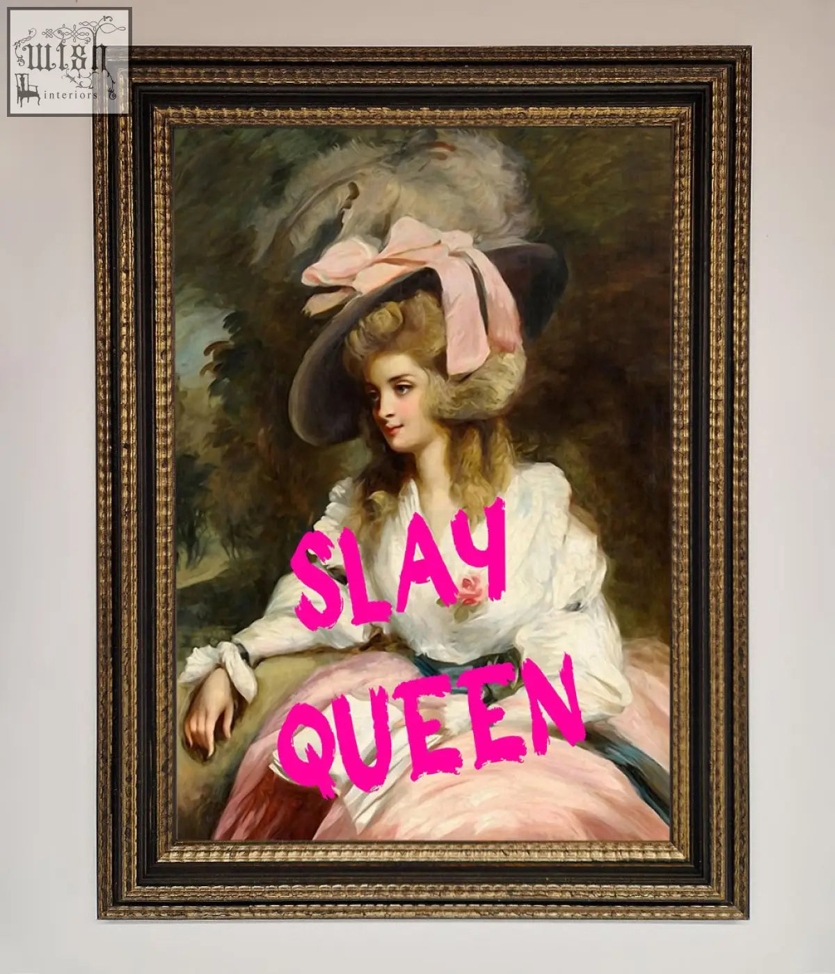 A slay queen framed poster featuring a classical woman in a white dress and wide-brimmed hat in a black and gold frame