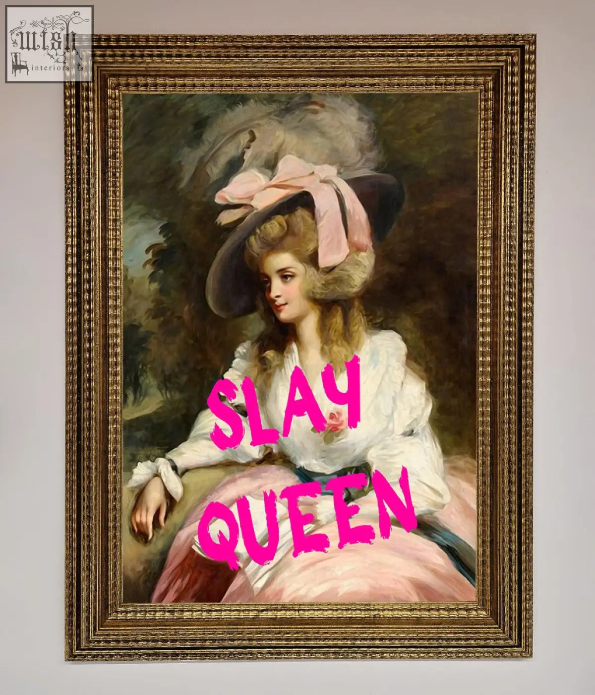 A slay queen framed poster featuring a woman in a white blouse and wide-brimmed hat with pink ribbon in a gold frame