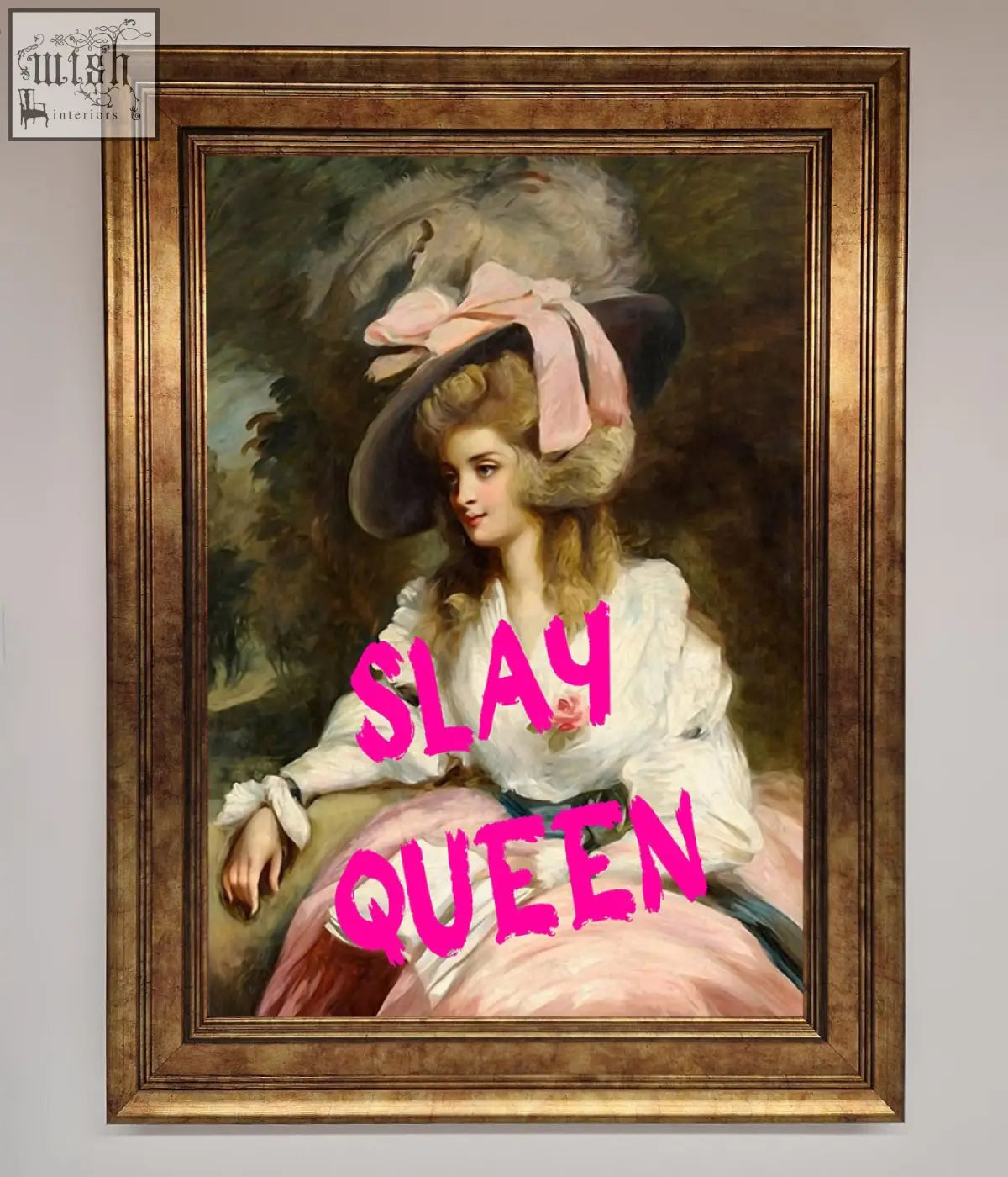 A slay queen framed classical portrait of a woman in a white dress and ornate hat in a gold-toned wooden frame