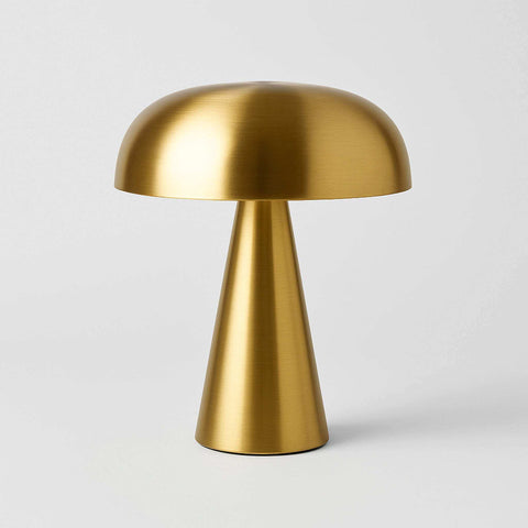 Gold-finished sleek abstract lamp with a mushroom shape and brushed metal surface perfect for modern decor