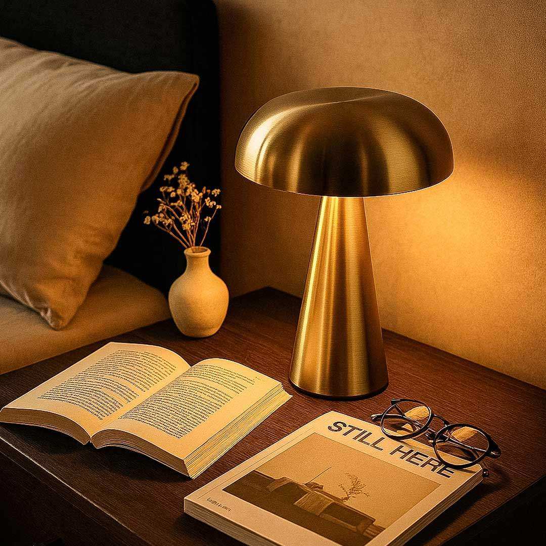 Gold-toned mushroom-shaped sleek abstract lamp with brushed metal finish perfect for modern decor