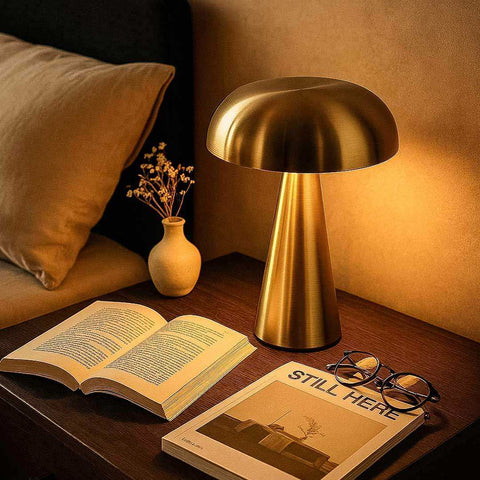 Gold-toned mushroom-shaped sleek abstract lamp with brushed metal finish perfect for modern decor