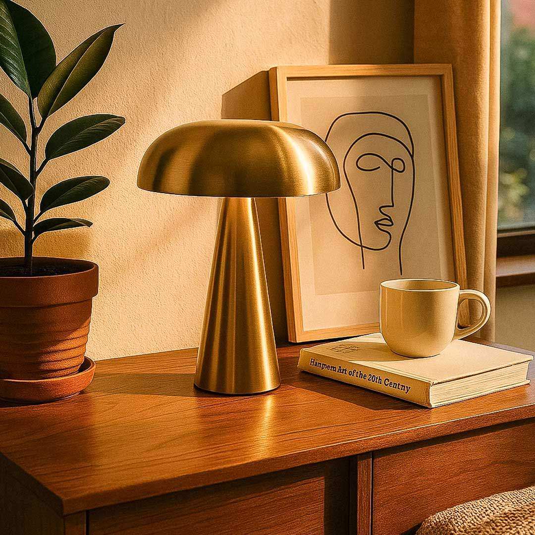 Golden mushroom-shaped sleek abstract lamp with a metallic finish perfect for modern home decor