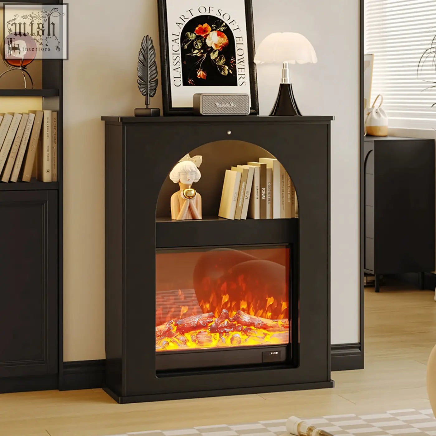 Black slimline console table with glowing orange electric fireplace and arched shelf perfect as dmitri hallway storage cabinet