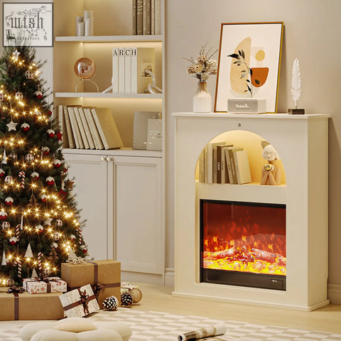 Cream-colored slimline console table with led light and fake fireplace featuring glass front glowing logs and dmitri hallway storage