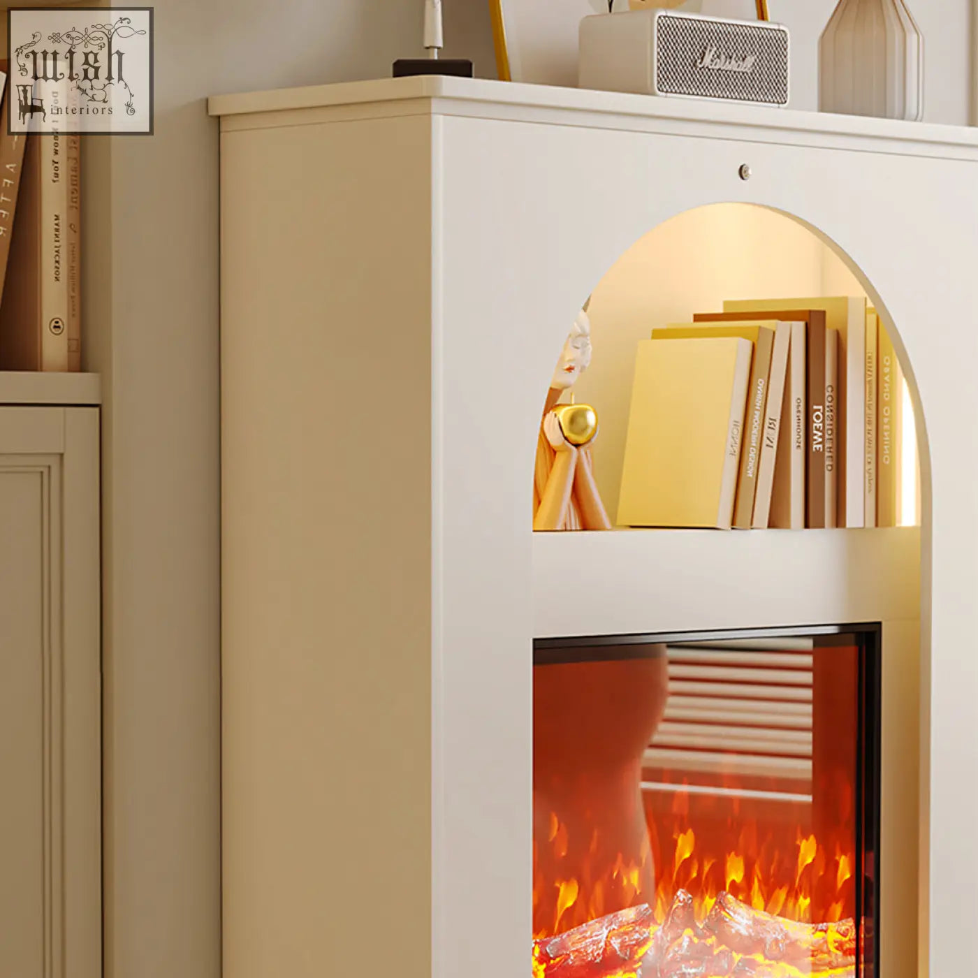 White slimline console table with led light and fake fireplace featuring arched shelf for books and dmitri hallway storage
