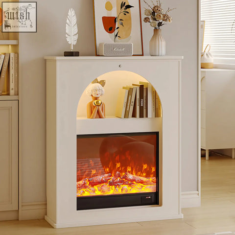 White slimline console table with led light and fake fireplace featuring a glowing orange flame for dmitri hallway storage