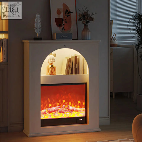 White slimline console table with led light and fake fireplace with orange flame and arched shelf for dmitri hallway storage