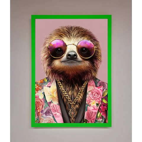 Sloth With Sunglasses Framed Poster - A3 (29.7 x 42 cm) / Neon Dark Green - Framed Print