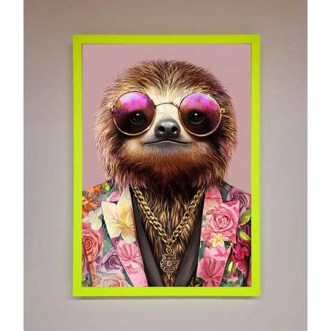Sloth With Sunglasses Framed Poster - A3 (29.7 x 42 cm) / Neon Green - Framed Print