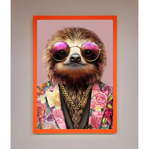 Sloth With Sunglasses Framed Poster - A3 (29.7 x 42 cm) / Neon Orange - Framed Print