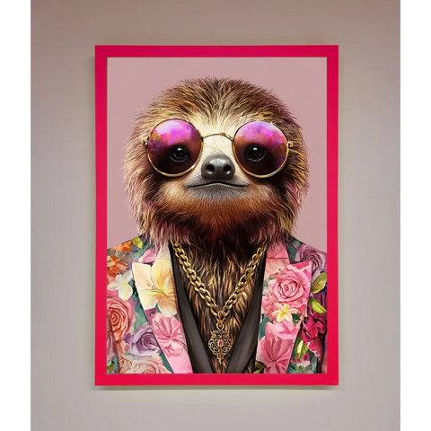 Sloth With Sunglasses Framed Poster - A3 (29.7 x 42 cm) / Neon Pink - Framed Print