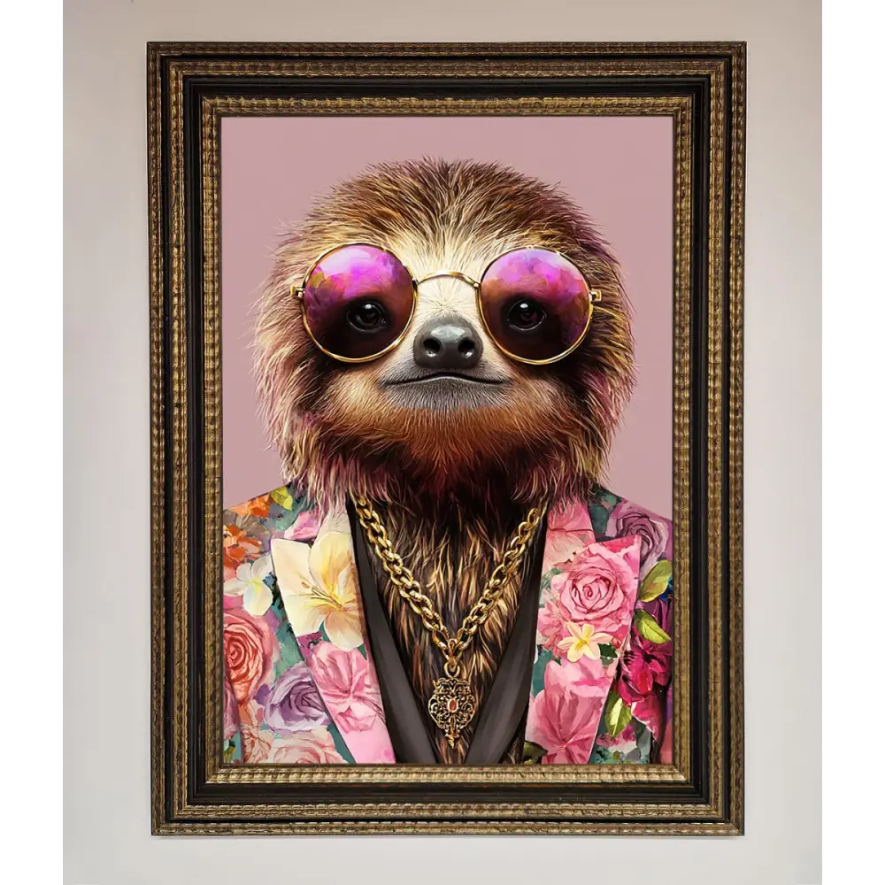 Sloth With Sunglasses Framed Poster - A3 (29.7 x 42 cm) / Ornate Gold Black - Framed Print