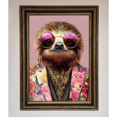 Sloth With Sunglasses Framed Poster - A3 (29.7 x 42 cm) / Ornate Gold Black - Framed Print