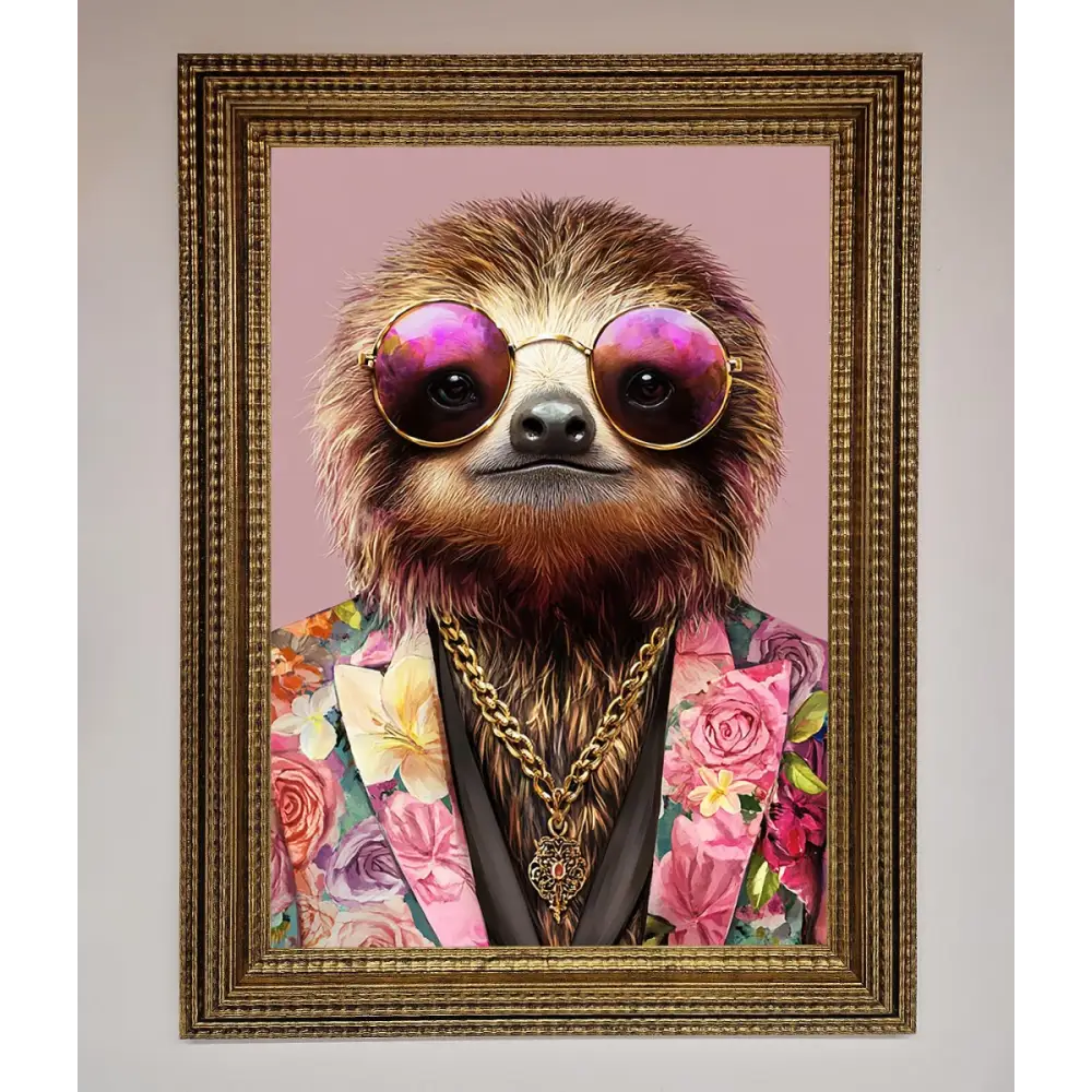 Sloth With Sunglasses Framed Poster - A3 (29.7 x 42 cm) / Ornate Gold - Framed Print