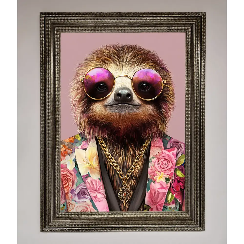 Sloth With Sunglasses Framed Poster - A3 (29.7 x 42 cm) / Ornate Silver - Framed Print