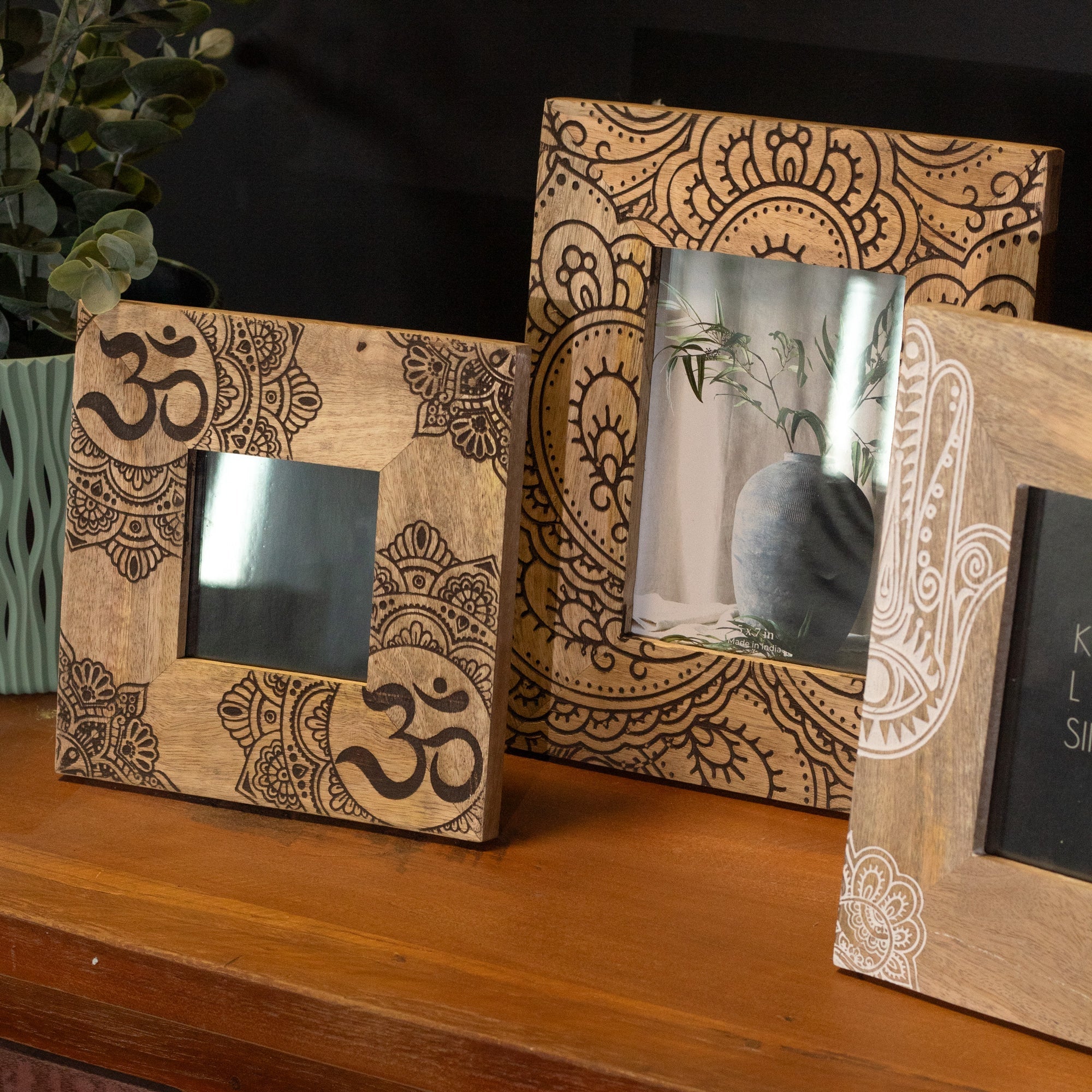 Small black hamsa mango wood photo frame 10x10cm with intricate burnt om and mandala designs in 4x4 inches size