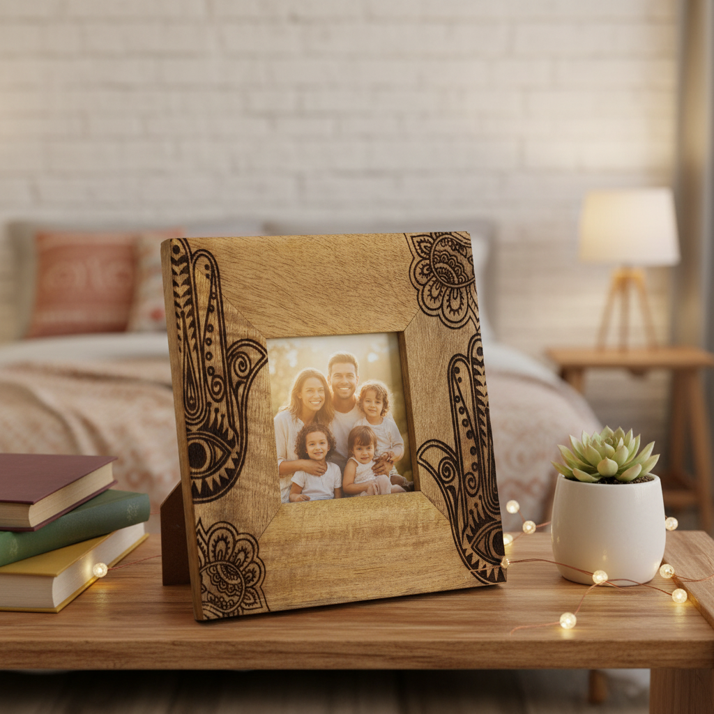 A small black hamsa mango wood photo frame 10x10cm with intricate henna-style patterns displaying a family photo
