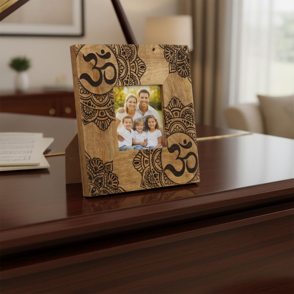 A rustic mango wood photo frame 10x10cm with black ohm mandala patterns showcasing a family photo