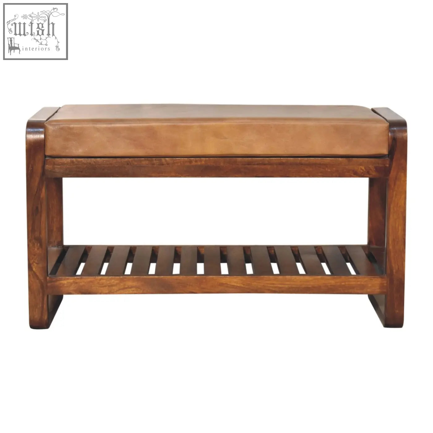 Small buffalo slatted hallway bench with brown leather top and wooden slatted lower shelf for entryway seating