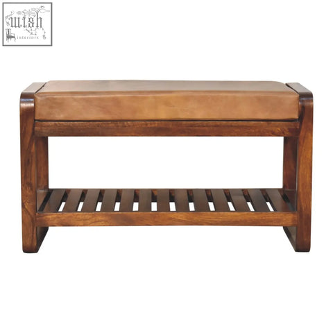 Small buffalo slatted hallway bench with brown leather top and wooden slatted lower shelf for entryway seating