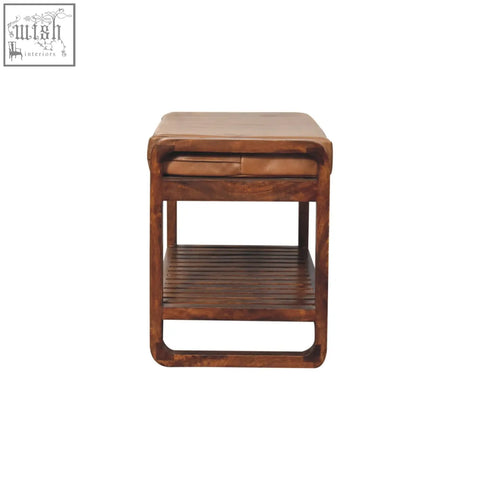 Small buffalo slatted hallway bench with brown leather top and wooden slatted lower shelf for entryway storage