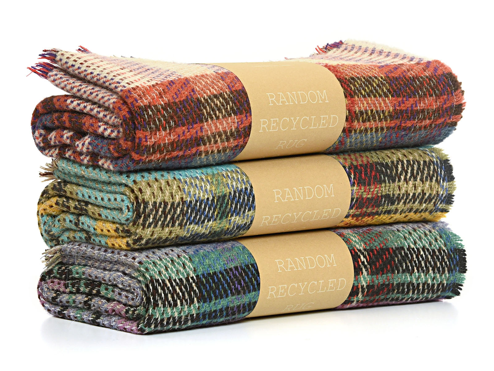 Stacked rolled-up small checked random recycled wool blankets with plaid earthy tones made from recycled wool materials