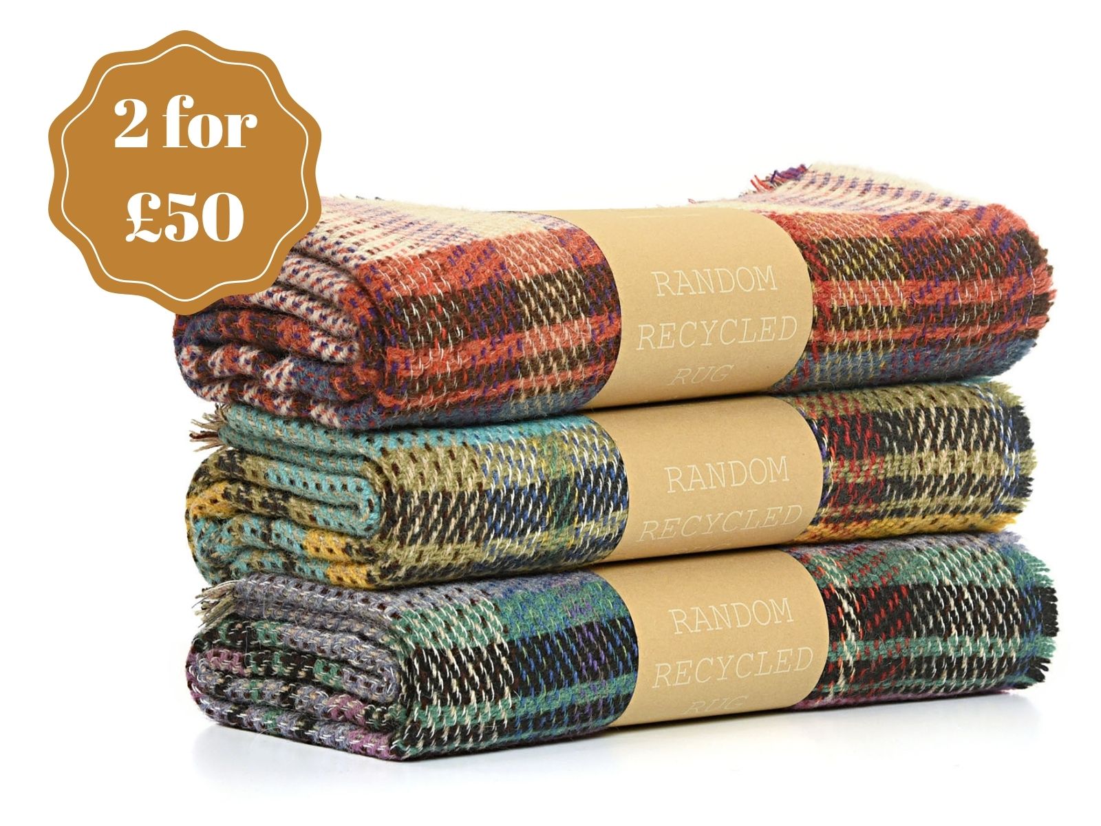 Three rolled small checked random recycled wool blankets in colorful plaid with earthy tones and textured weave