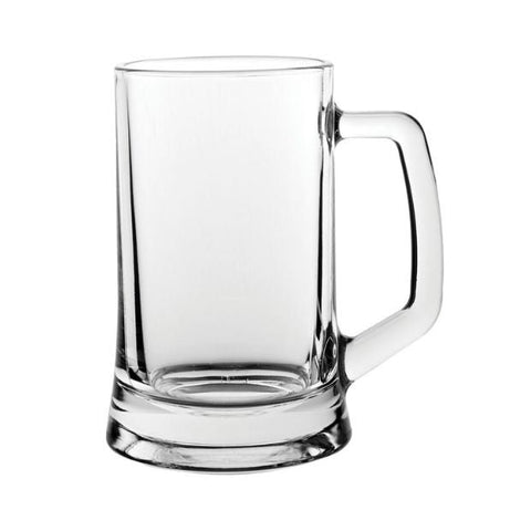Small straight sided clear glass beer mug with sturdy handle and thick base perfect as a straight sided tankard 395ml