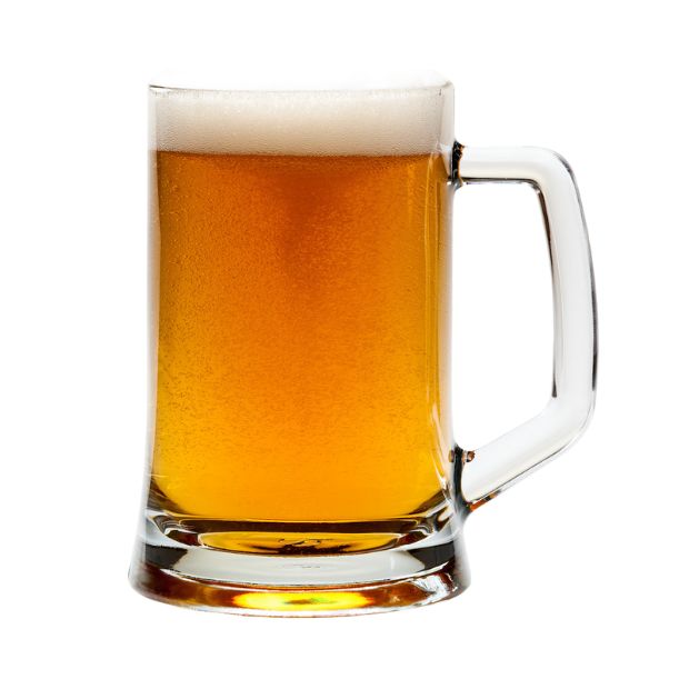 Small straight sided glass beer mug filled with golden amber beer and frothy white head 395ml straight sided tankard